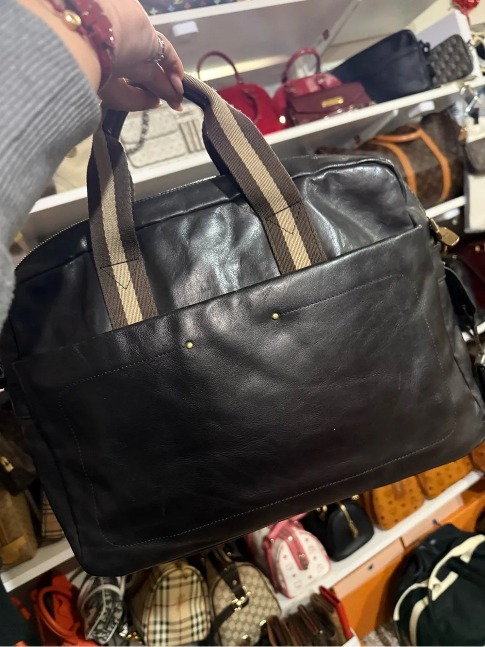 MCM Men's Black Leather Bag with Brown Stripe Handles